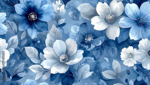 Blue floral seamless pattern of various flowers and leaves with soft watercolor aesthetic in different shades of blue