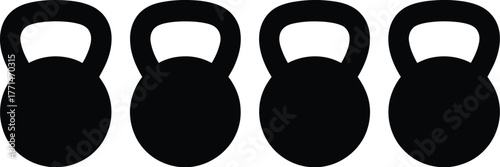A simple graphic illustration featuring a row of four black kettlebell icons, representing a set of heavy weights for gym workouts and strength training
