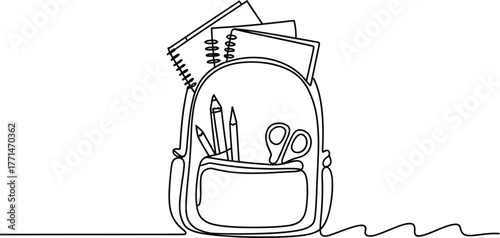 Line art illustration of a backpack filled with school supplies, ready for education and learning