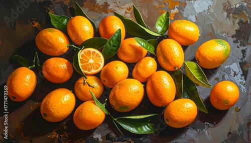 Bright orange fruits with leafy greens rest on a textured, dark, earthy-toned surface, painted with warm lighting