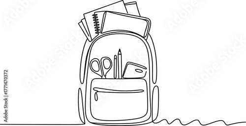 Single line art illustration of a school backpack packed with academic supplies, symbolizing readiness for education, learning, and the exciting back-to-school period