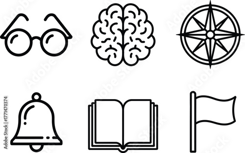 A versatile set of outline icons for education and exploration, featuring symbols like a brain, compass, and glasses, alongside a school bell and an open book