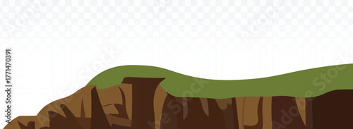 Rugged cliff edge with a green grassy top in a clean vector style. Ideal natural landscape element for game environments, outdoor adventure designs, travel graphics, or geographic illustrations.