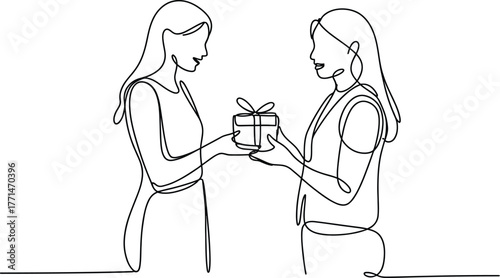A minimalist illustration of two women sharing a gift, created using a single continuous line. The figures are drawn in a continuous single-line art style, representing friendship and celebration