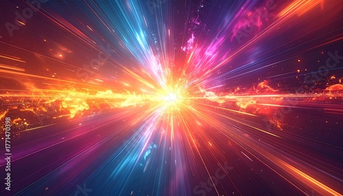 Bright, radiant beams of light burst outwards from a central point, with vibrant hues of orange, blue, and pink
