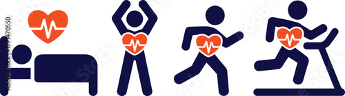 A horizontal set of four health and fitness icons depicting sleep, stretching, and running for cardiovascular wellness and a healthy lifestyle