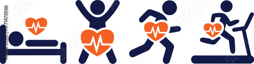 Heart Health Journey Fitness Icons Depicting Exercise and Well-being, From Rest to Activity