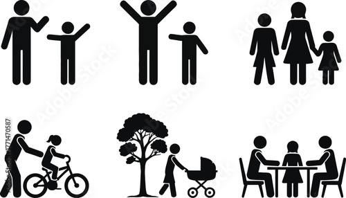 Family stick figures vector illustration various family activity editable vector