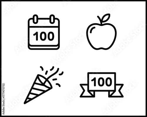Line art icon collection representing 100 days of achievement, celebration, and health, perfect for marking milestones, progress, and well-being campaigns, available as a clean vector graphic set