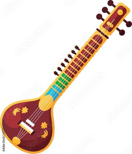 Indian Sitar Vector Illustration — Classical String Instrument Icon for Music, Culture, and Traditional Art Design