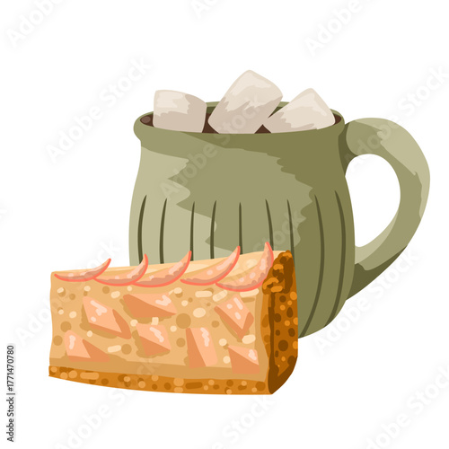 Cup of hot chocolate with marshmallows and apple pie isolated on white background. Vector hand drawn illustration for coffee shop design, menu, cozy autumn decor, stickers, print