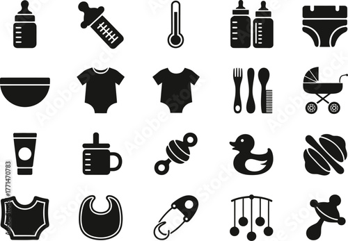 Baby essentials vector icons set newborn care items flat design style editable vector