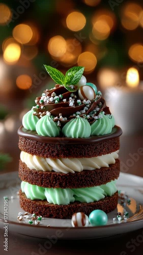 Decadent chocolate and mint layered cake with creamy buttercream and sprinkles, gently rotating on a plate against festive bokeh lightsperfect holiday dessert and celebration treat