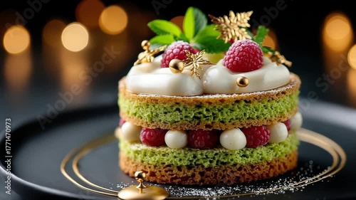 Pistachio and raspberry layered cake with whipped cream and gold snowflake decorations spins on a sleek black platter against a festive bokeh holiday backdrop