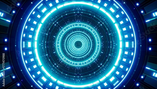 Blue-lit tunnel, concentric circles radiating into a dark abyss, creating a sense of depth and futuristic passage