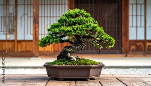 Bonsai tree with vibrant green foliage sits in a pot before a traditional wooden Japanese structure