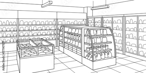 Grocery store shop interior black white graphic sketch illustration vector 