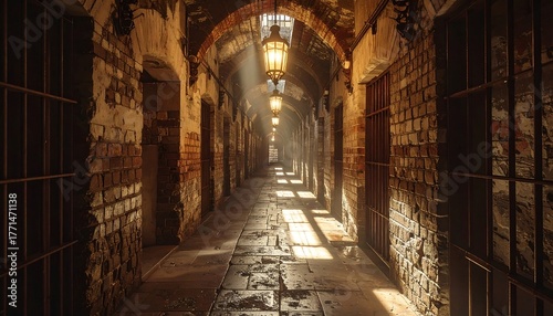 Brick prison hallway with iron bars, illuminated by lantern light, creating a long, dark corridor with aging stone