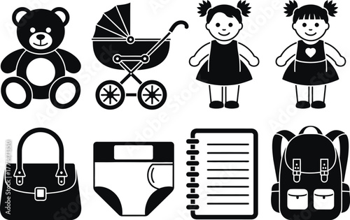Baby items vector icons set teddy bear stroller and more vector art editable vector