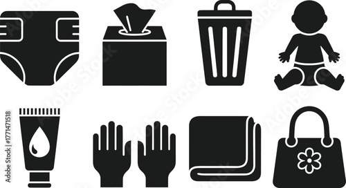 Baby care essentials set diaper wipes cream and changing bag vector editable vector