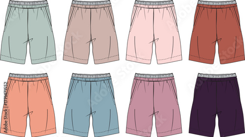 Assortment of Flat-Design Shorts in Various Colors, Front View, with Elastic Waistband, Ready for Fashion Design