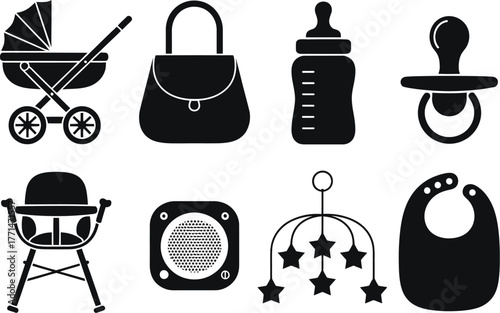 Baby essentials vector icons set stroller bottle and pacifier clip art editable vector