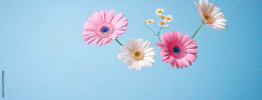 Fototapeta premium Delicate gerbera daisies and wildflowers floating gracefully on a serene blue background, perfect for spring or summer greeting cards