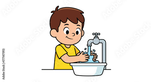 Boy washing hands with soap under running water, cartoon illustration for health and hygiene awareness campaigns, promoting cleanliness and prevention