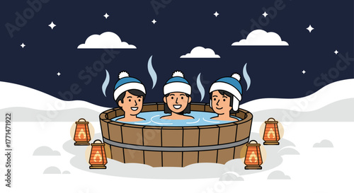 Three friends enjoy a cozy winter night in a steaming hot tub under the stars with glowing lanterns, creating a warm and inviting atmosphere