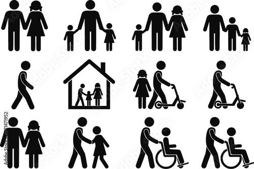 Family stick figures vector illustration set various activities editable vector