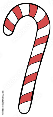 Cartoon candy cane illustration with red and white stripes for Christmas holiday design