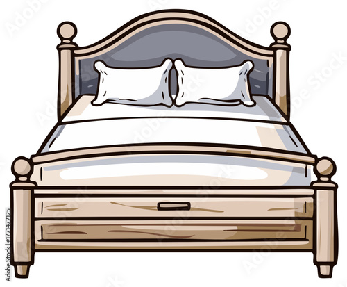 Cartoon Bed Frame with Headboard and Pillows Bedroom Interior Furnishings