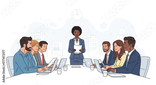 Dynamic team collaborating on project in modern open office, business presentation with diverse professionals for company growth and innovation