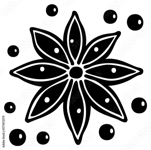 Graphic star anise spice and peppercorn illustration in a black and white icon style