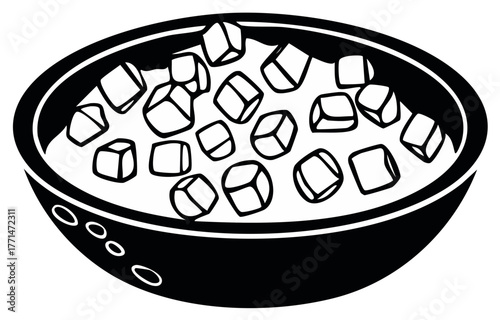 Black and white illustration of a bowl filled with sugar cubes and milk or cream