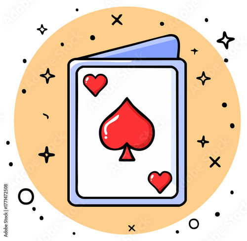 Hand drawn cartoon playing card with red spade symbol for games and casino entertainment