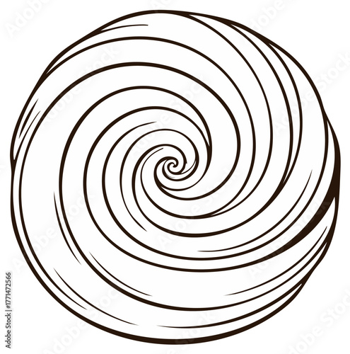 Circular hypnotic spiral vortex line art illustration of a swirling black and white infinite pattern