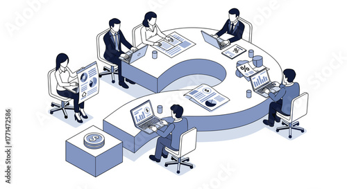 Dynamic business team brainstorms financial strategies at unique question mark table in modern office, analyzing data for growth and success