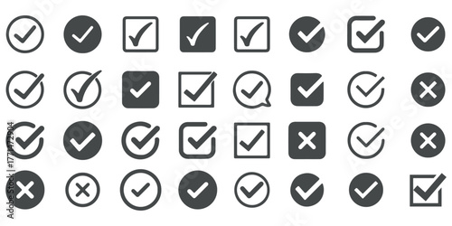 Check Mark Icons in Circle – Editable Stroke Tick Symbol Set. Vector