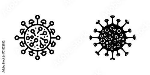 A modern icon illustration of the coronavirus is shown in a flat design, incorporating a microbe symbol pictogram, which also serves as a bacteria icon, and is used to represent the coronavirus