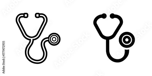 A modern stethoscope icon is depicted as a sign symbol isolated on a white background, shown as a flat modern illustration, and also as a black silhouette