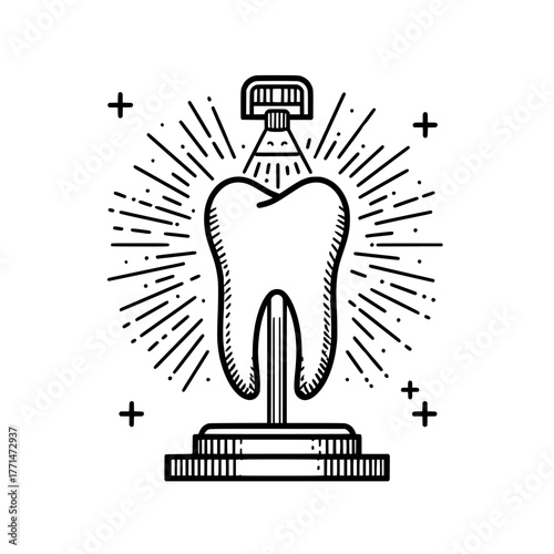 The Scanning Teeth concept is symbolized by a modern icon design of Cone Beam Computed Tomography, serving as a Dentistry symbol and Health Care sign in a stock illustration of Dental instruments