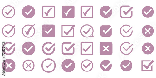 Check tick mark icon set. Cross box x check mark checkbox v list vector draw hand drawn sketch doodle brush marker checklist symbol wrong right circle. Vector Illustration