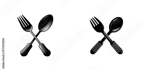 The logo design features a modern crossed fork and spoon with cutlery silhouettes illustration