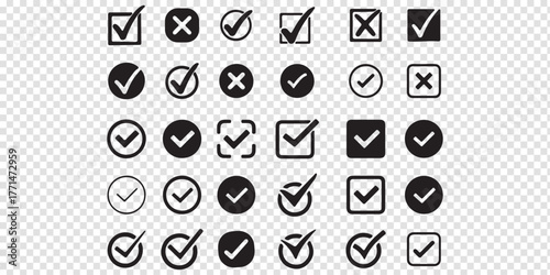 Check tick mark icon set. Cross box x check mark checkbox v list vector draw hand drawn sketch doodle brush marker checklist symbol wrong right circle. Vector Illustration