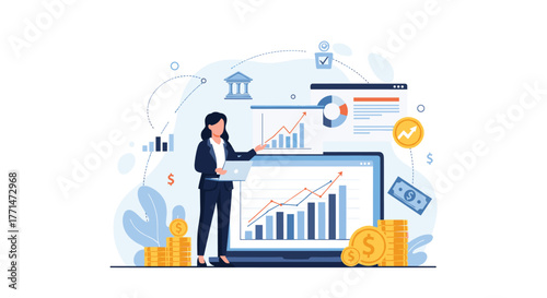 Professional businesswoman presenting financial growth charts on laptop, ideal for illustrating business success and investment strategies
