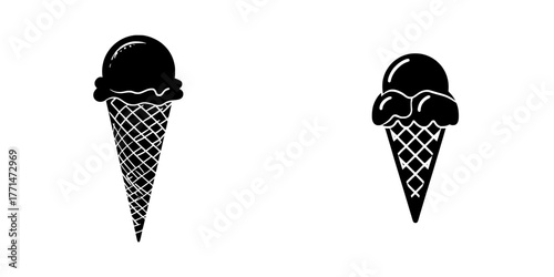 A minimalist summer design element featuring a black silhouette of an ice cream icon on a white background, with a single ice ball in a waffle cone depicted in a segmented stencil style
