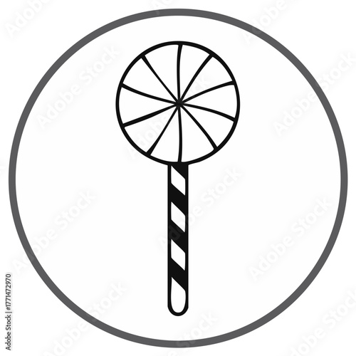 Minimalist Lollipop Candy Icon with Swirl Stripes in a Circle Outline, Sweet Treat Symbol
