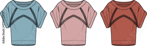 Three different colored t-shirts displayed on a white background, showcasing fashion design and apparel details