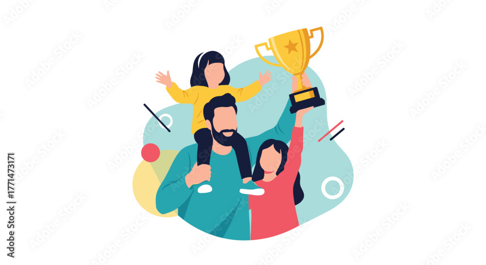 Obraz premium A happy family, with a father and his two children, joyfully celebrates their success by holding up a golden trophy.